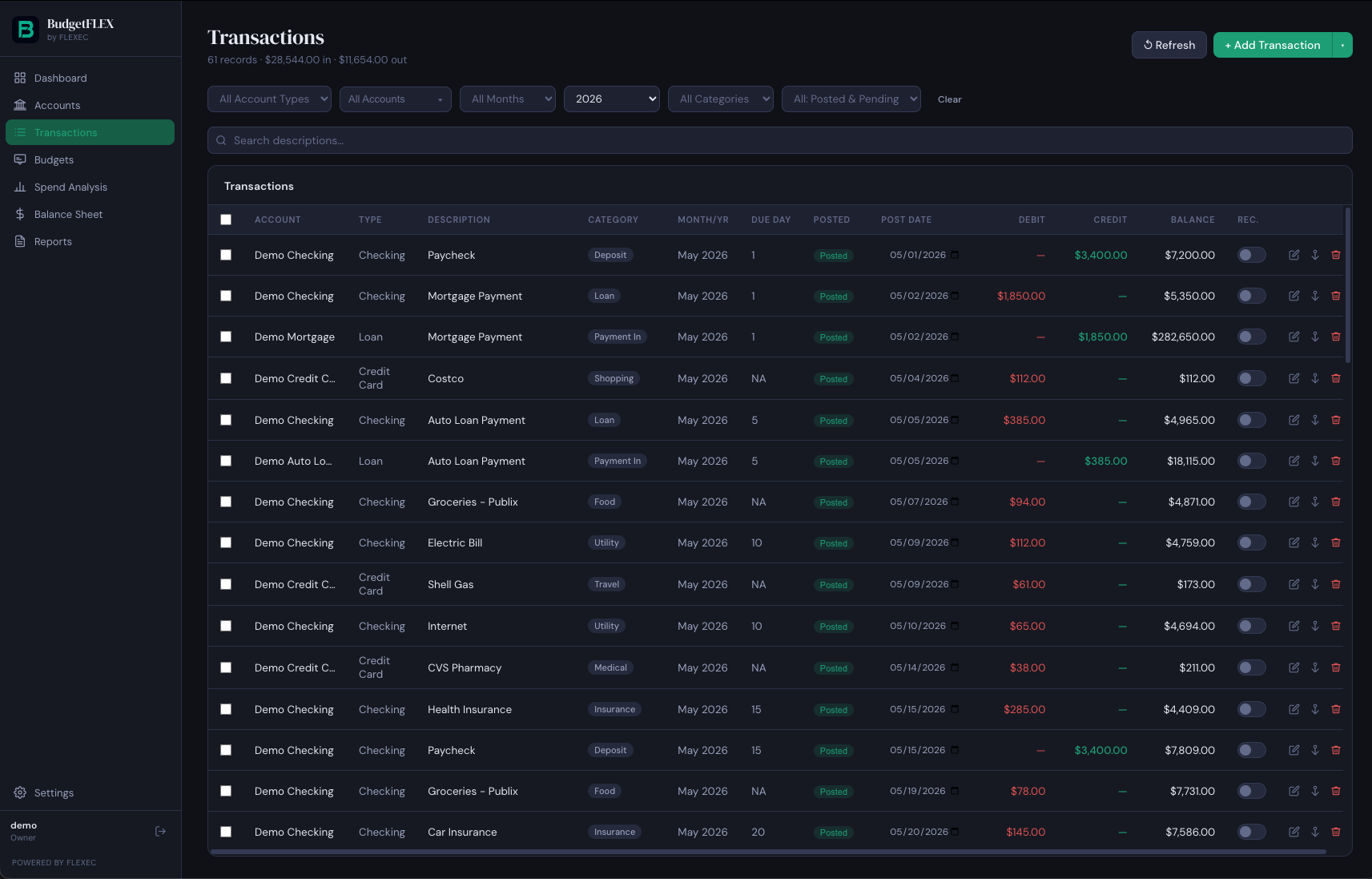 BudgetFLEX Transactions screen