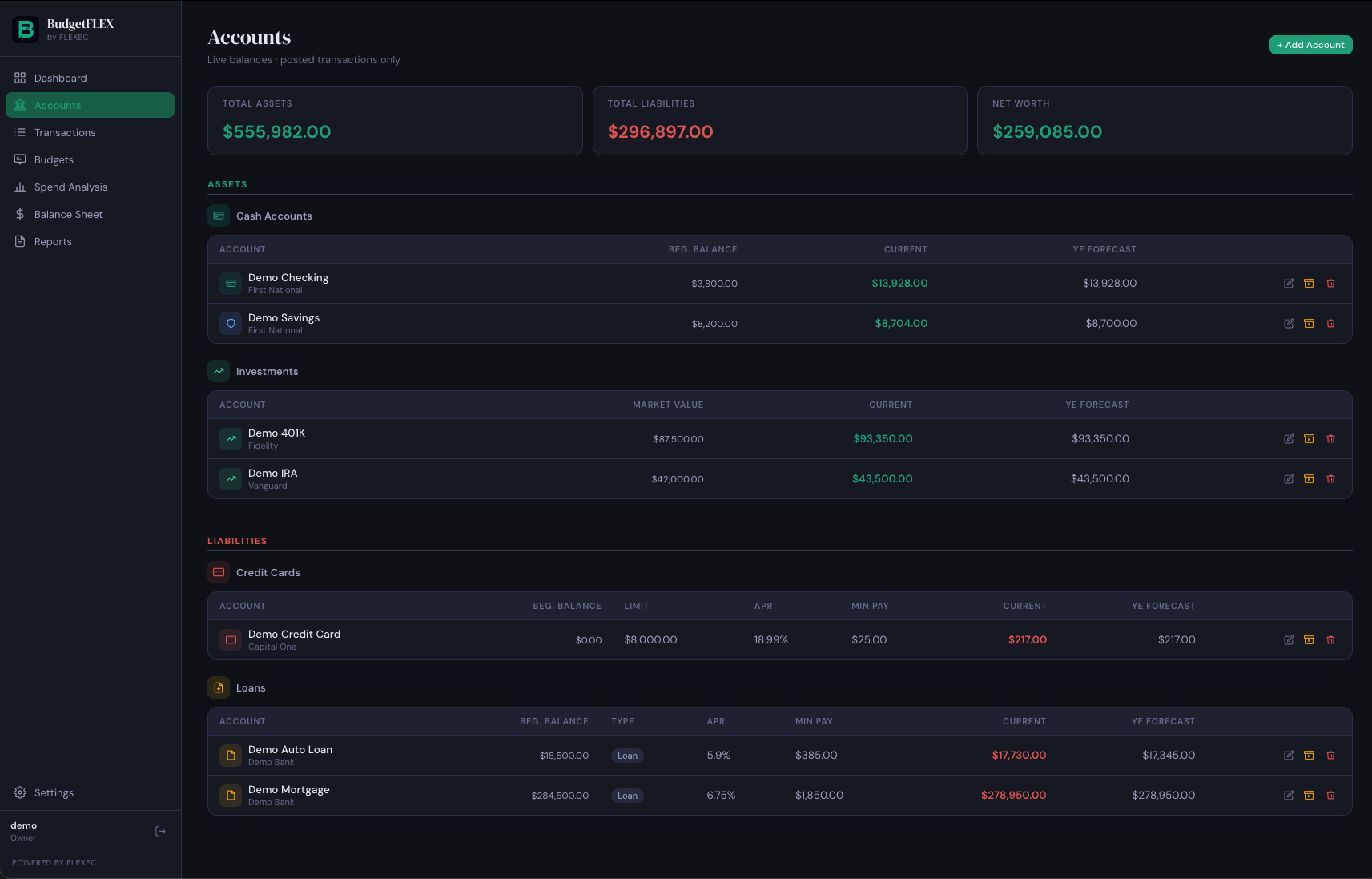 BudgetFLEX Accounts screen