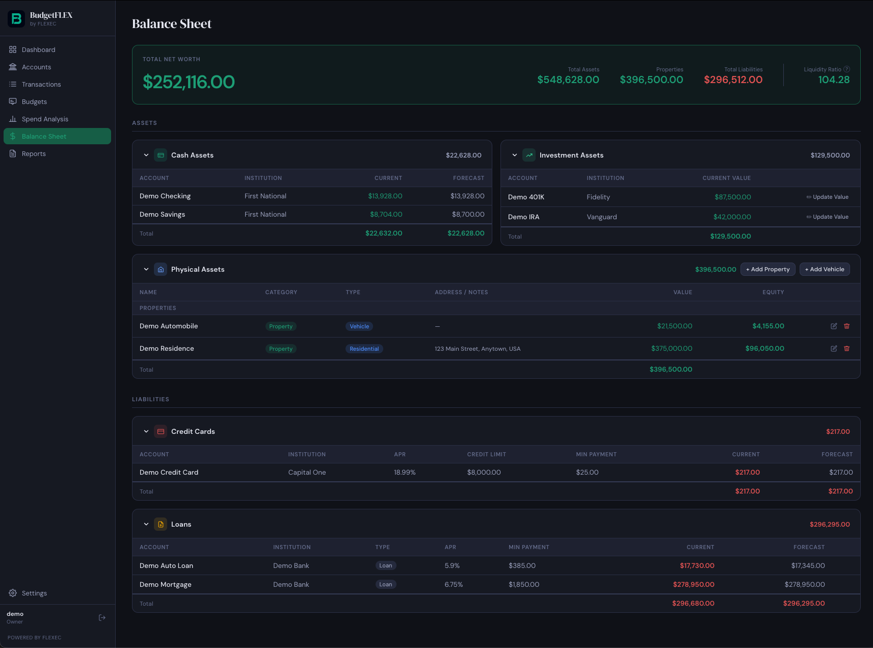 BudgetFLEX Balance Sheet screen